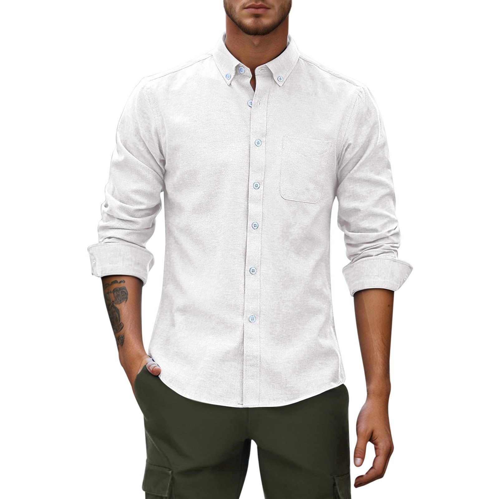 thumbnail image 4 of Camisa Oxford de manga larga para hombre: diseño minimalista, 40 % poliéster, informal para la playa/el trabajo, estampado floral, lavable a máquina, 4 of 4